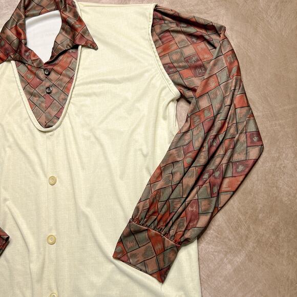 Vintage 70s Layered Geometric Long Sleeve Shirt Collared Vest Retro Mod Disco - Picture 5 of 6